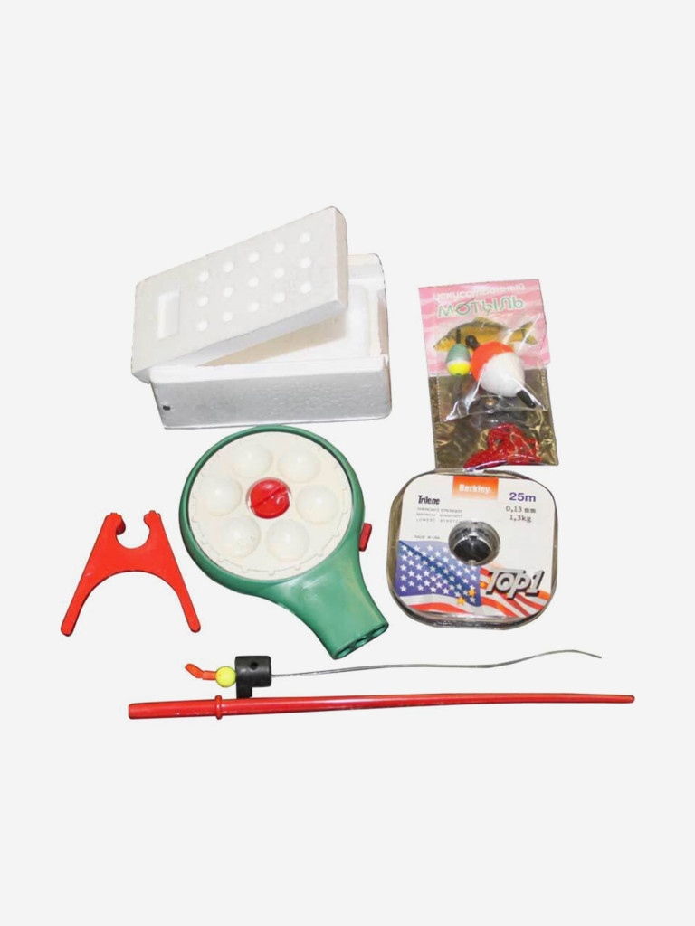 Набор рыболова для зимней рыбалки Три Кита № 1: зимняя удочка, катушка, леска, мормышка, мотыльница, мотыль искусственный, сторожок