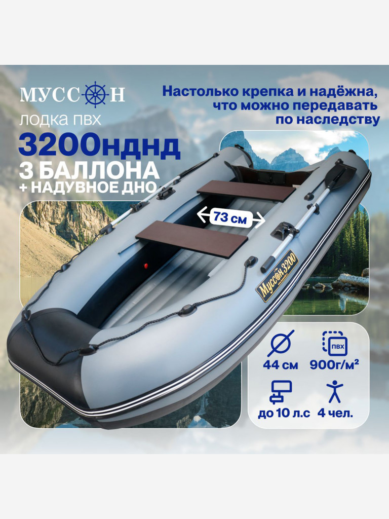 Лодка ПВХ под мотор надувная для рыбалки Лодки Поволжья 3200 НДНД с надувным дном низкого давления, серо-черная