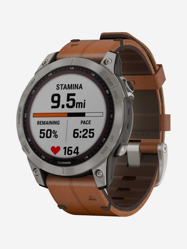 Спортивные титановые наручные часы Garmin Fenix 7X Sapphire Solar с коричневым кожаным ремешком