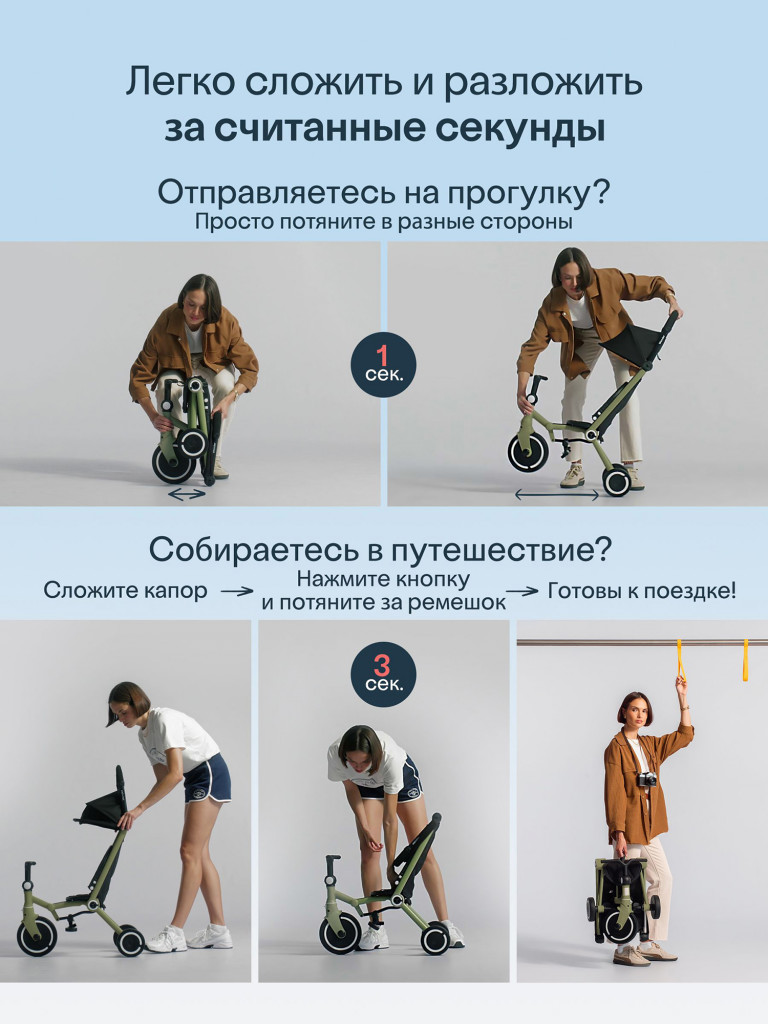 Велосипед детский трехколесный с ручкой SmarTrike Wonder Olive, складной, для путешествий