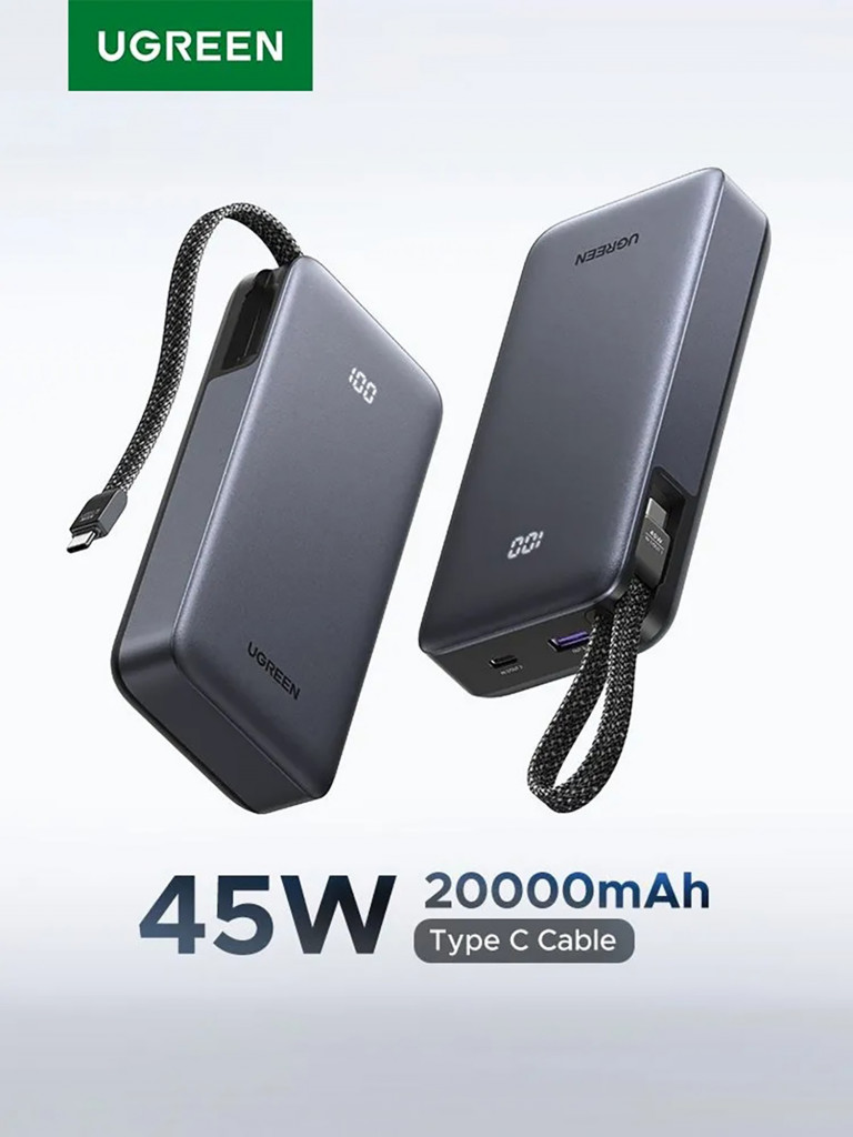 Внешний аккумулятор со встроенным кабелем UGREEN PB536 (55988B) 45W Power Bank 20000mAh with Built-in Cable