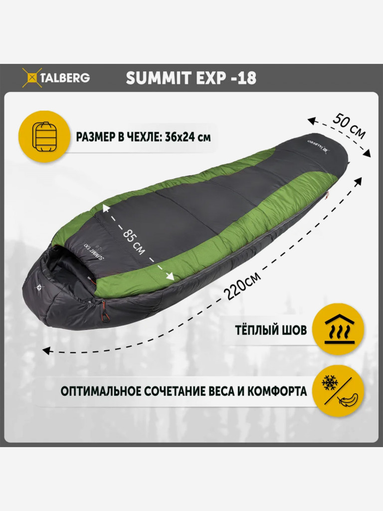 Спальный мешок TALBERG SUMMIT EXP -18°C, серый/зеленый, правый