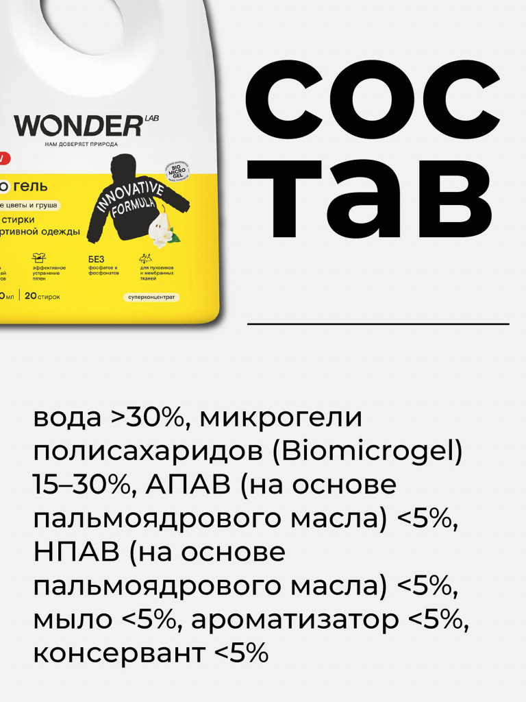 Эко гель WONDER LAB для стирки спортивной одежды (белые цветы и груша) 1 л