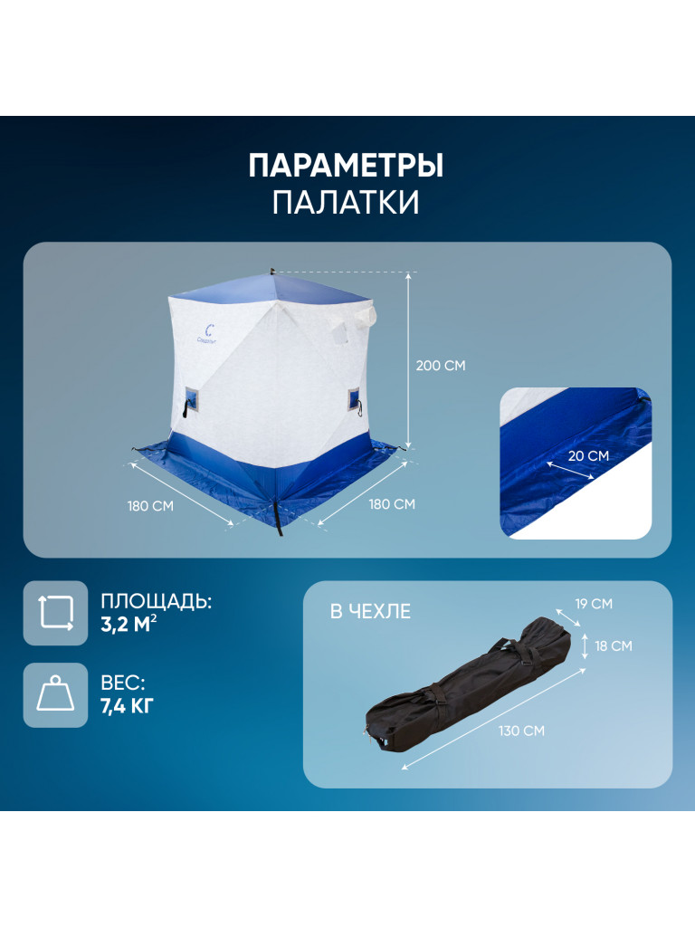 Палатка зимняя куб Следопыт 1,8 х1,8 м,Oxford 210D PU 1000, S по полу 3,2 кв.м ,цвет синий, белый.