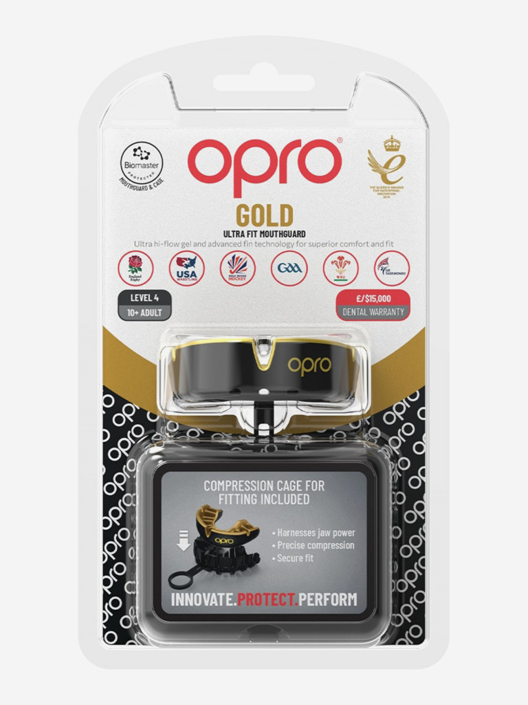 Боксерская капа взрослая, спортивная, защитная для зубов OPRO Self-Fit Gold - Black/Gold