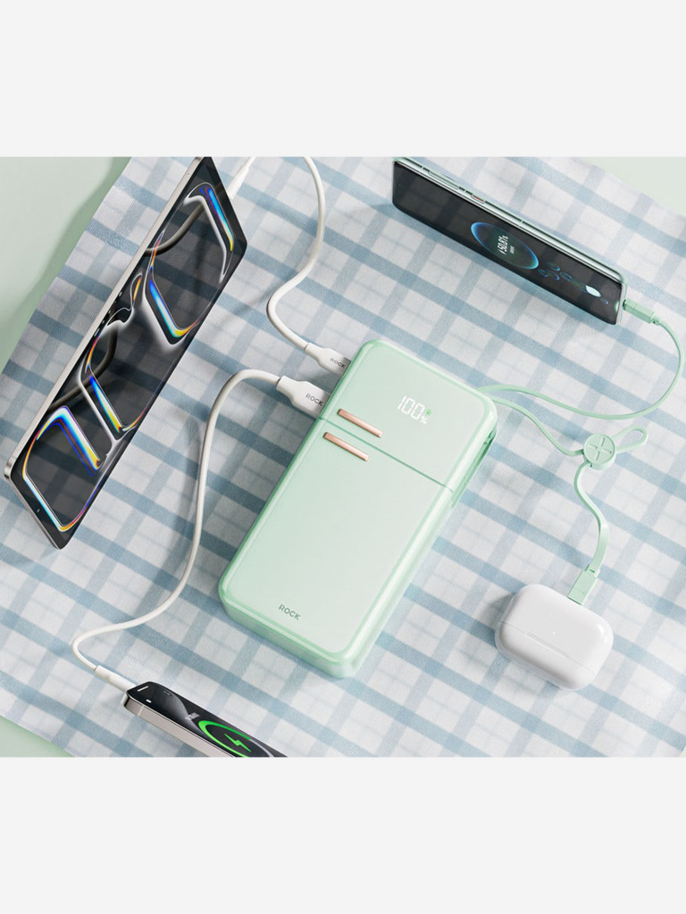 Внешний аккумулятор ROCK Y18 Fridge Series Fast Charging Power Bank with Cables зеленый