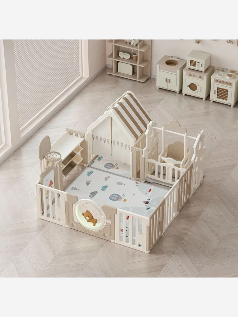 Манеж UNIX Kids DeLuxe House&Storage Camel, 150 x 180 см, с игровым домиком, баскетбольной стойкой, доской для рисования, качелями + место для хранения игрушек