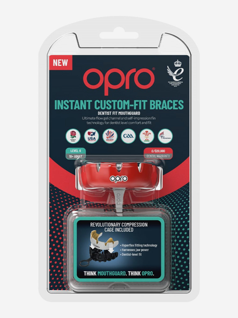 Боксерская капа для брекетов взрослая, спортивная, защитная для зубов OPRO Instant Custom-Fit Braces - Red/White