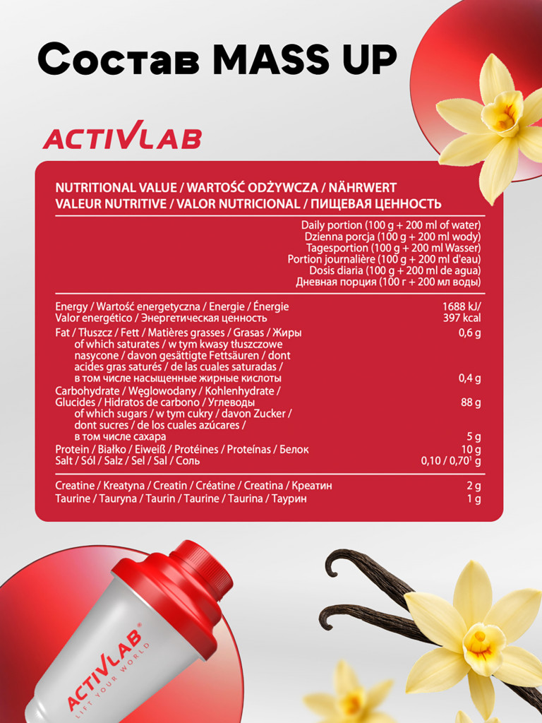 Гейнер для набора массы 2 кг Activlab Mass up, ваниль, спортивное питание для похудения