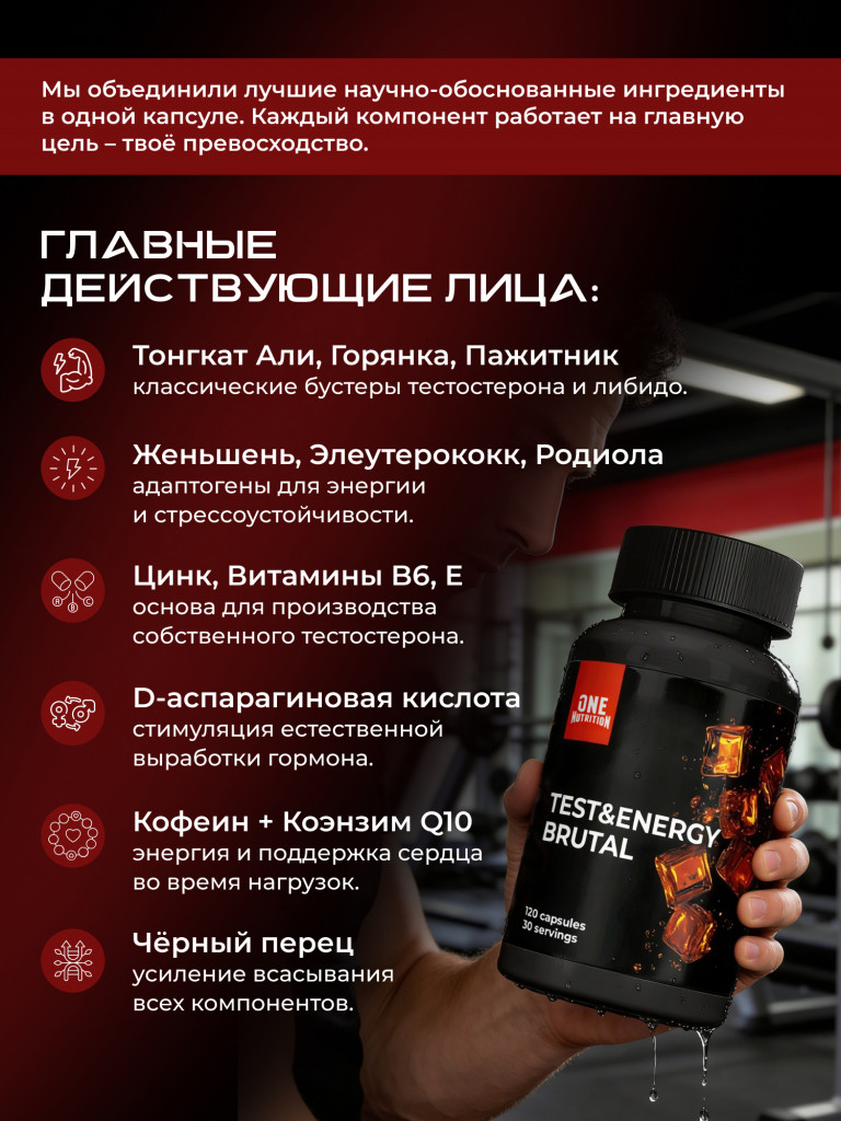 Бустер тестостерона витамины для мужчин TEST Energy Brutal ONE NUTRITION 120 капсул