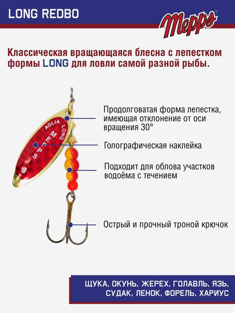 Блесна вращающаяся для рыбалки Mepps LONG REDBO на щуку, окуня
