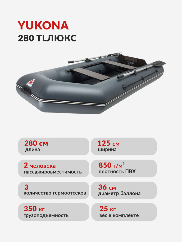 Лодка ПВХ надувная под мотор Yukona 280 TLЛЮКС двухместная с жестким дном. серая