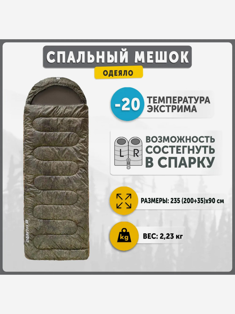 Спальный мешок туристический зимний Talberg FORESTER -20 С, цифра, правая молния