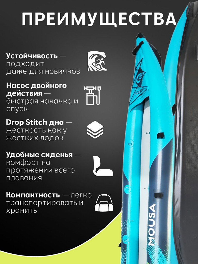 Надувной каяк Mousa Compact 385х81х27 см, 2-местный, Drop-Stitch дно, до 290 кг