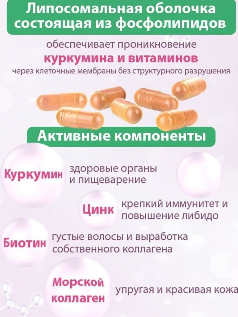 Комплекс Липосомальный куркумин Биотин Коллаген Цинк, 60 капсул, Простые решения