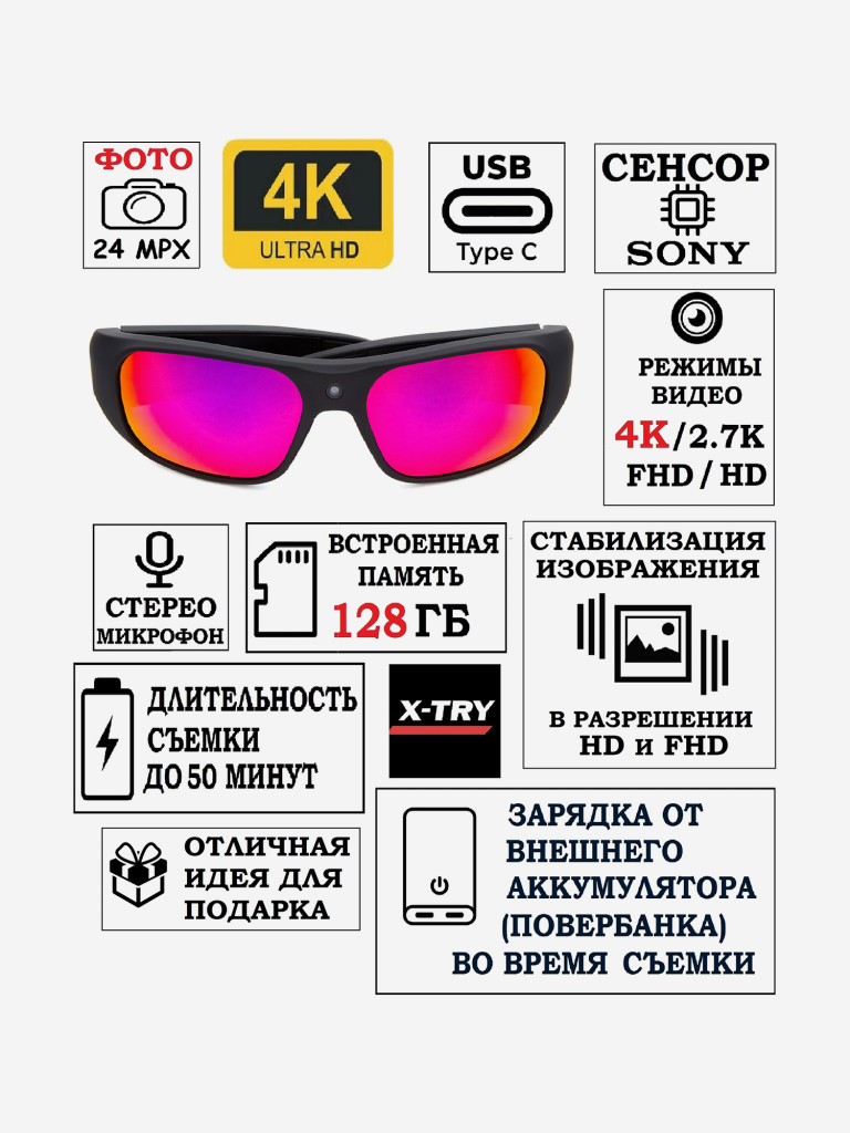 Цифровая камера-очки X-TRY XTG445 UHD REAL 4K, 128 GB PINKY