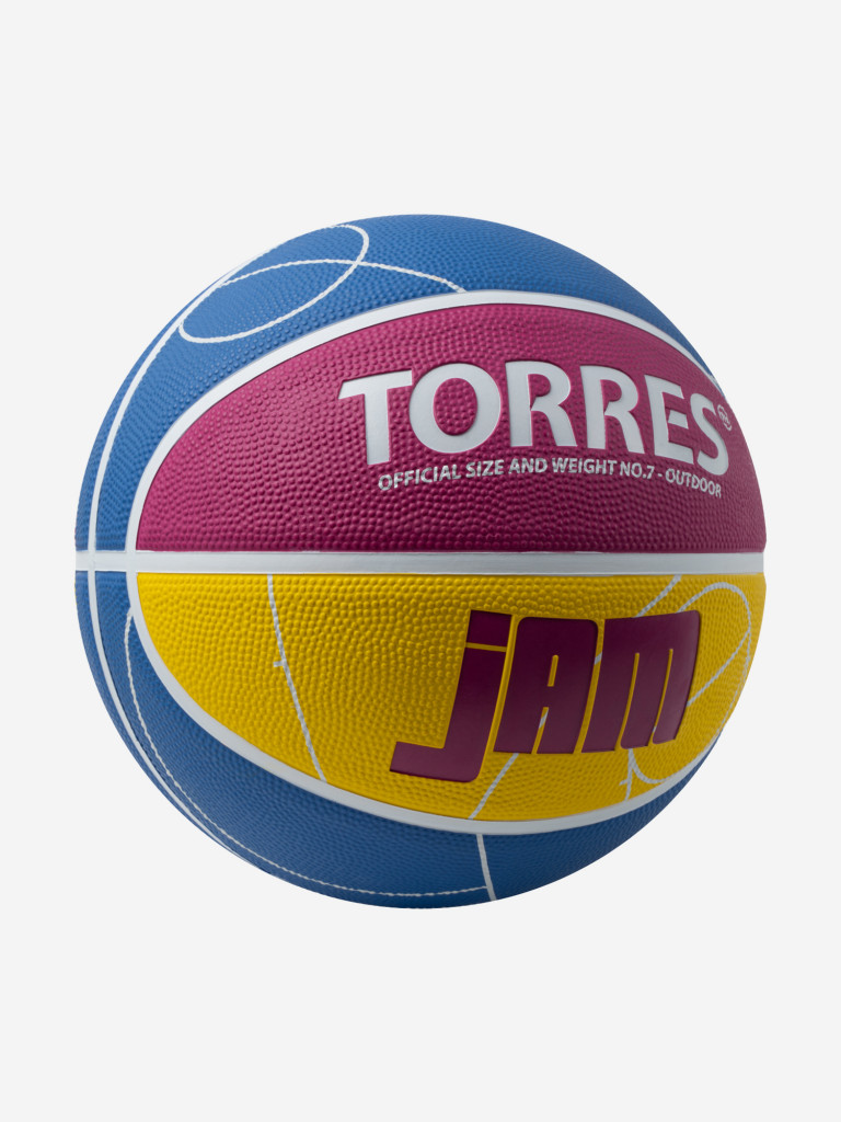 Мяч баскетбольный TORRES Jam, B023127, р.7, резина, нейлон. корд, бут. кам., син-желто-малиновый