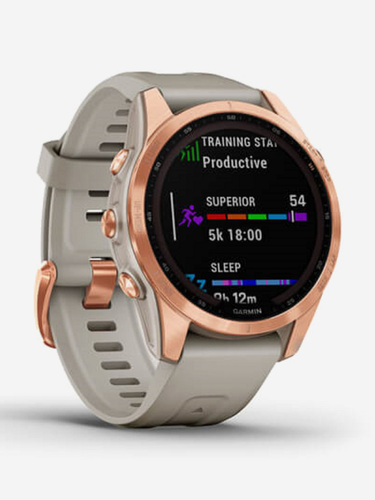 Часы Garmin Fenix 7S Solar с технологией солнечной зарядки, розовое золото с песочным силиконовым ремешком 010-02539-11