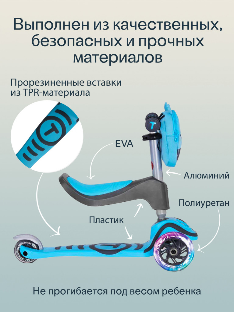 Самокат-трансформер 3-колесный SmarTrike T1 Scooter с сиденьем и сумочкой, детский, растущий, для детей от 15 мес. до 5 лет