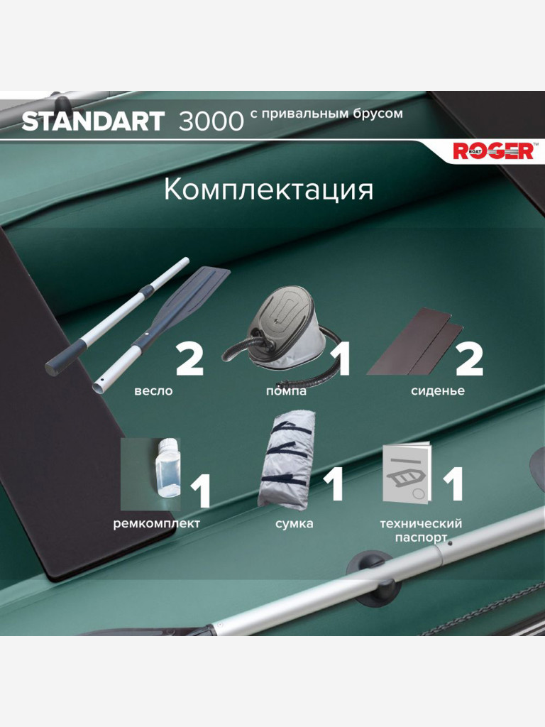 Лодка надувная ПВХ под мотор ROGER Standart 3000, лодка роджер с транцем и привальным брусом (зеленый)