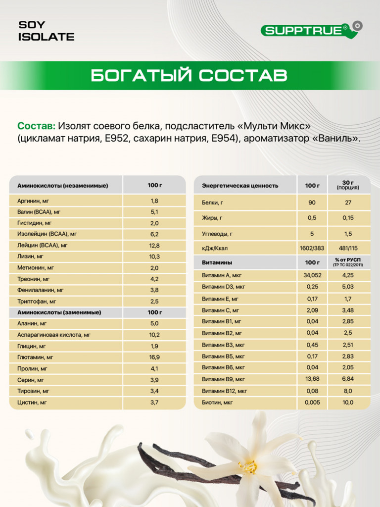 Протеин Supptrue 1 кг белковый со вкусом Ванили