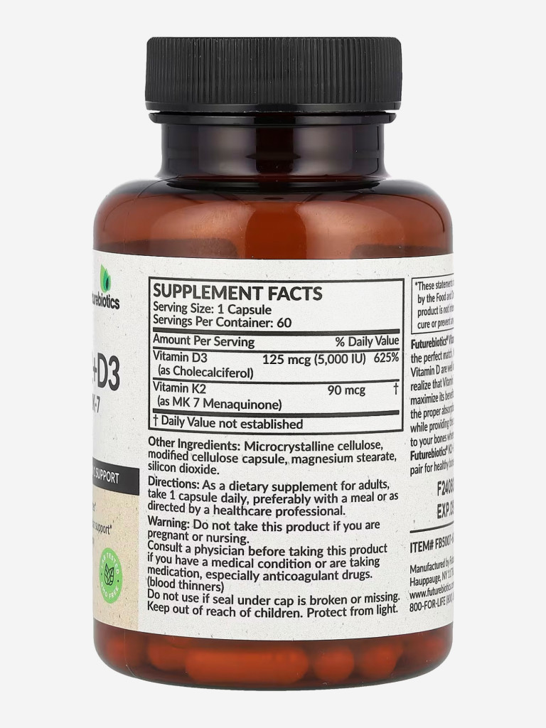 Витамин D3 + K2, FutureBiotics, 5000 IU, 60 капсул