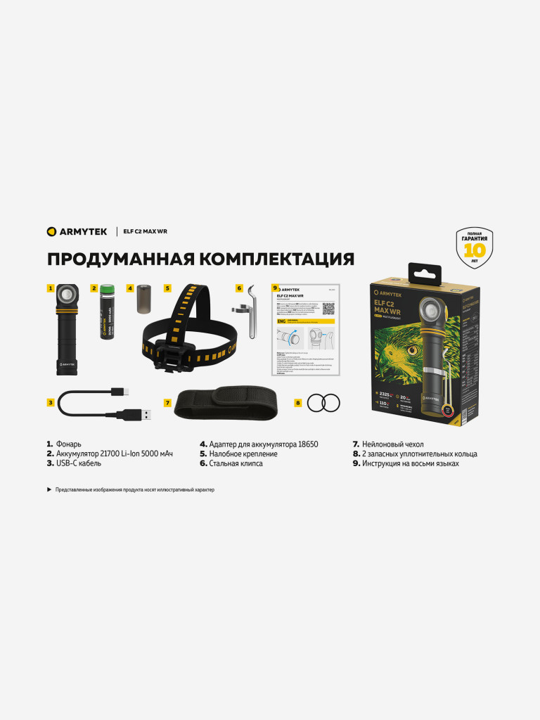 Мультифонарь налобный Armytek Elf C2 Max WR, 2325 лм, теплый и красный свет