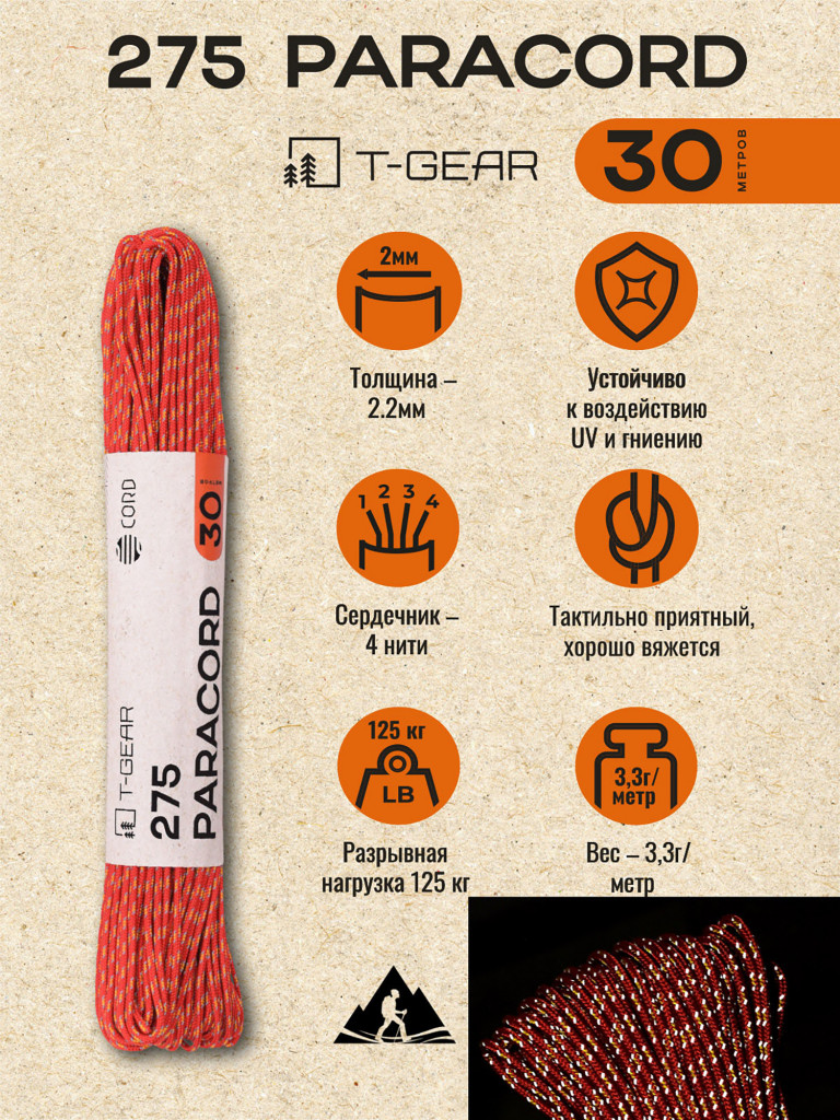 Паракорд 275 T-Gear x CORD nylon 30м световозвращающий (Red'n'Stripes)