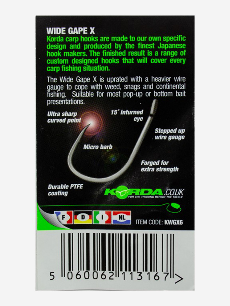 Крючок KORDA Wide Gape-X №6 с бородкой 10шт