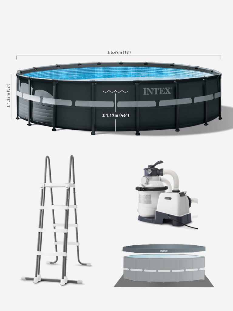 Бассейн каркасный Intex, 549х132 см, фильтр-насос песчаный 7.9м³, лестница, подстилка, тент