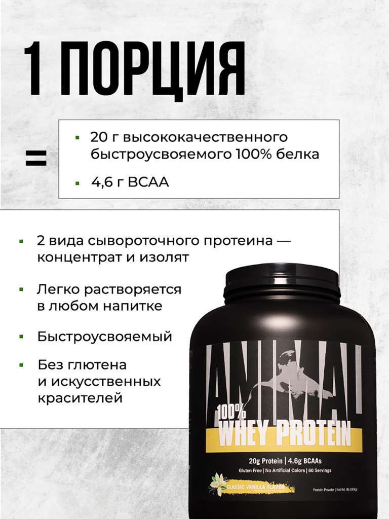 Сывороточный протеин Animal Whey, 60 порций, 1810 г, ваниль