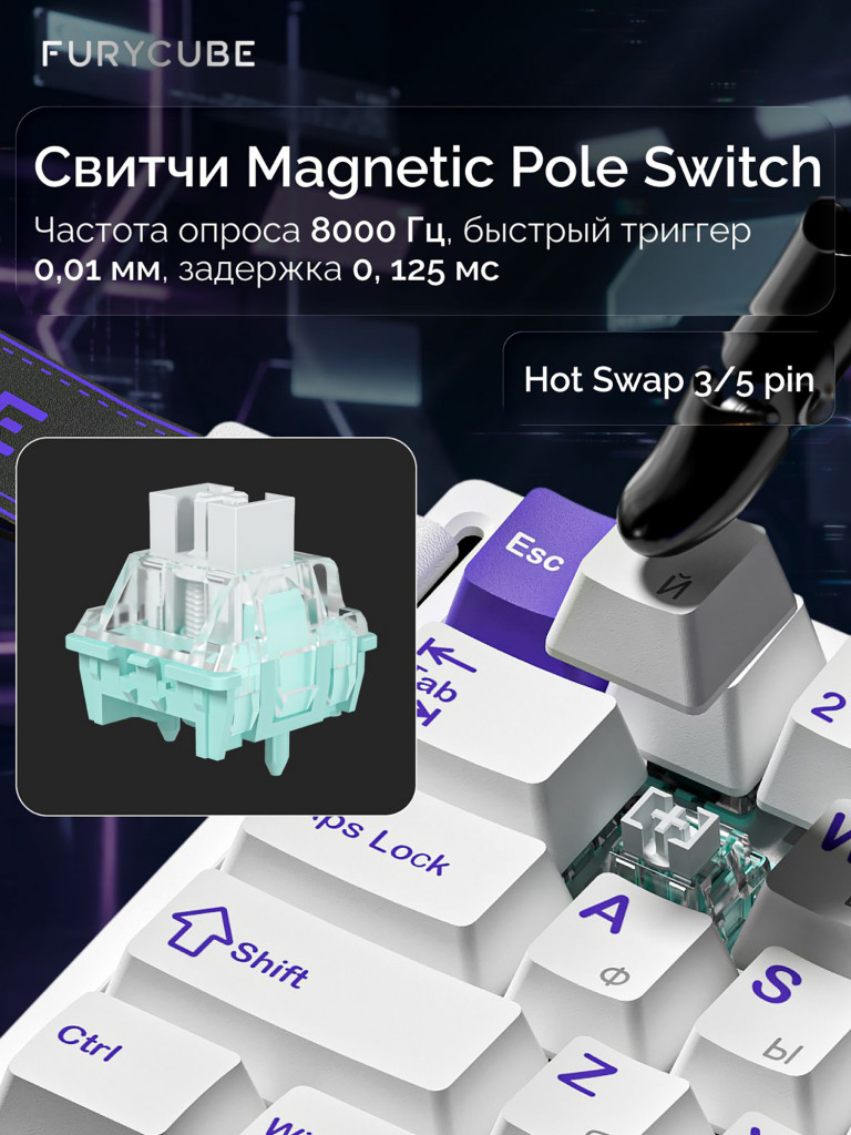 Игровая проводная магнитная клавиатура FURYCUBE M68 HE Mag Pro Russian White