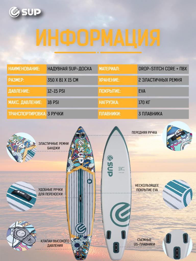 Надувная двухслойная SUP-доска E-SUP MOJITO 2, 11'6" 350*81*15 см, сапборд