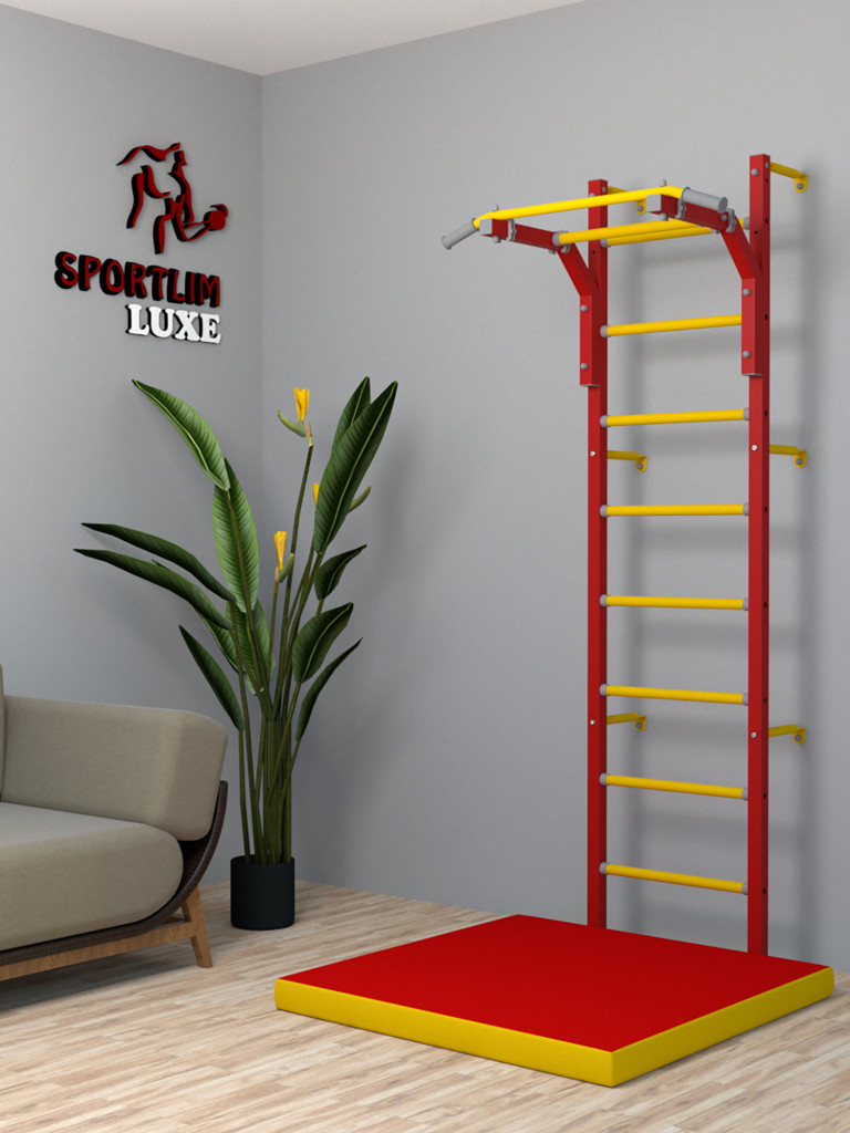 Детская шведская стенка SportLim LUXE со съемным турником "Красно-желтая"