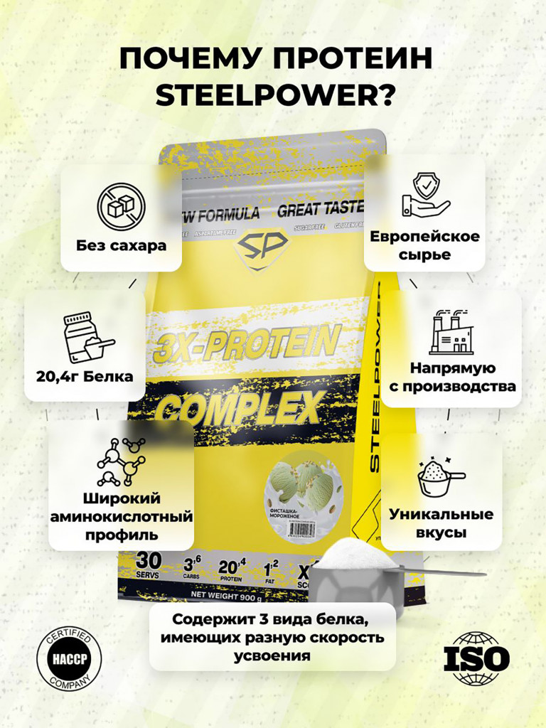 Комплексный протеин STEELPOWER 3X-PROTEIN COMPLEX, пакет 900 гр, БананКомплексный протеин STEELPOWER 3X-PROTEIN COMPLEX, пакет 900 гр, Фисташковое мороженое