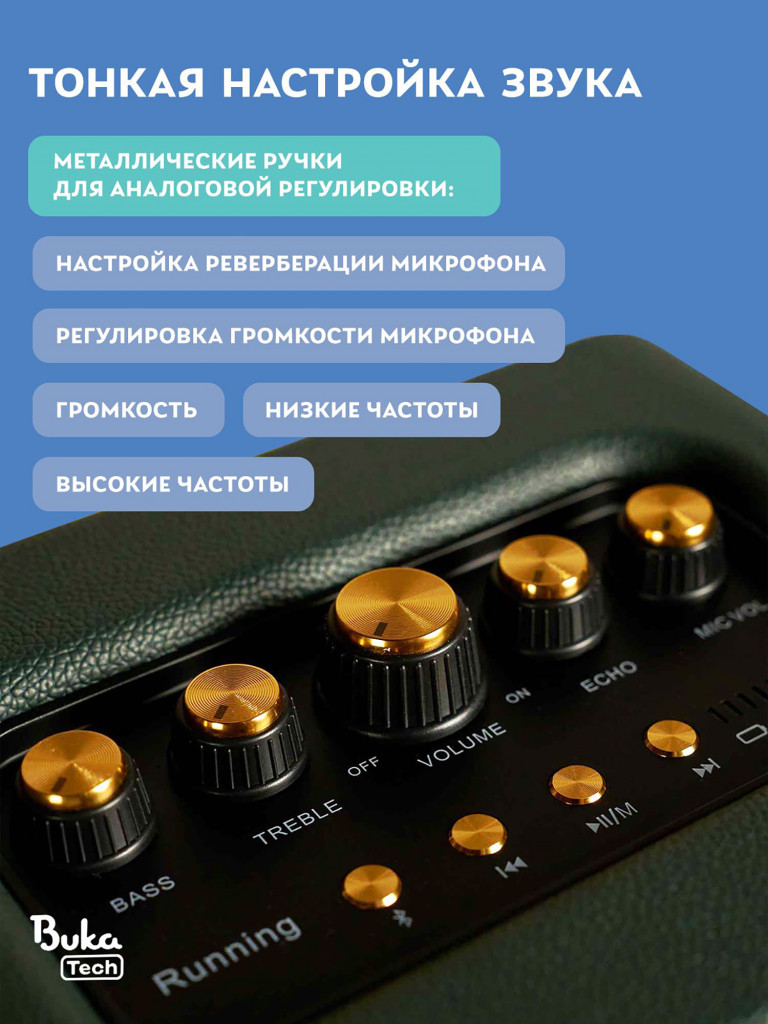 Беспроводная портативная колонка с двумя микрофонами BukaTech Lonzuer Running Green, 70 Вт