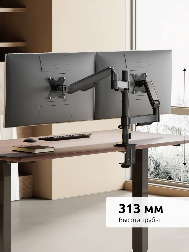 UNITEKI FMGT92PIPE кронштейн для 2 мониторов со струбциной, газлифт, крепление на трубе, 17-34", вертикальная регулировка, нагрузка 2-9 кг на каждый монитор