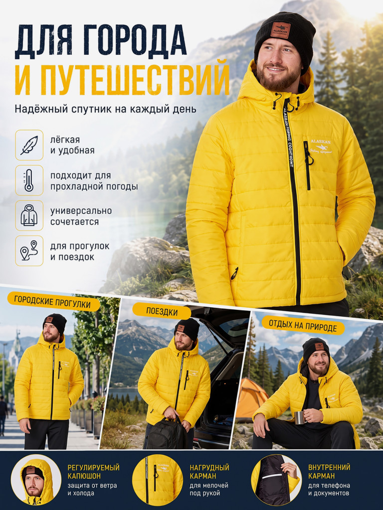 Куртка мужская Alaskan Juneau Yellow утепленная стеганая для рыбалки и охоты