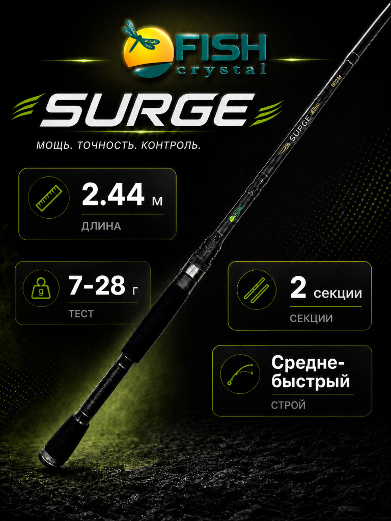 Удилище спиннинговое "SURGE" FISH CRYSTAL , 2 секции, полая верш, длина 2.44 м, тест 7-28 г