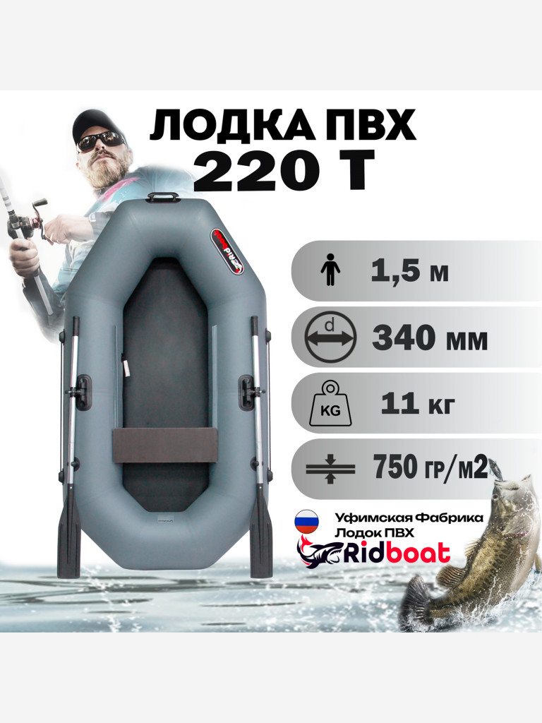 Лодка ПВХ Ridboat-220Т, серая,1,5-местная, диаметр борта 340мм, для рыбалки, для охоты и путешествий