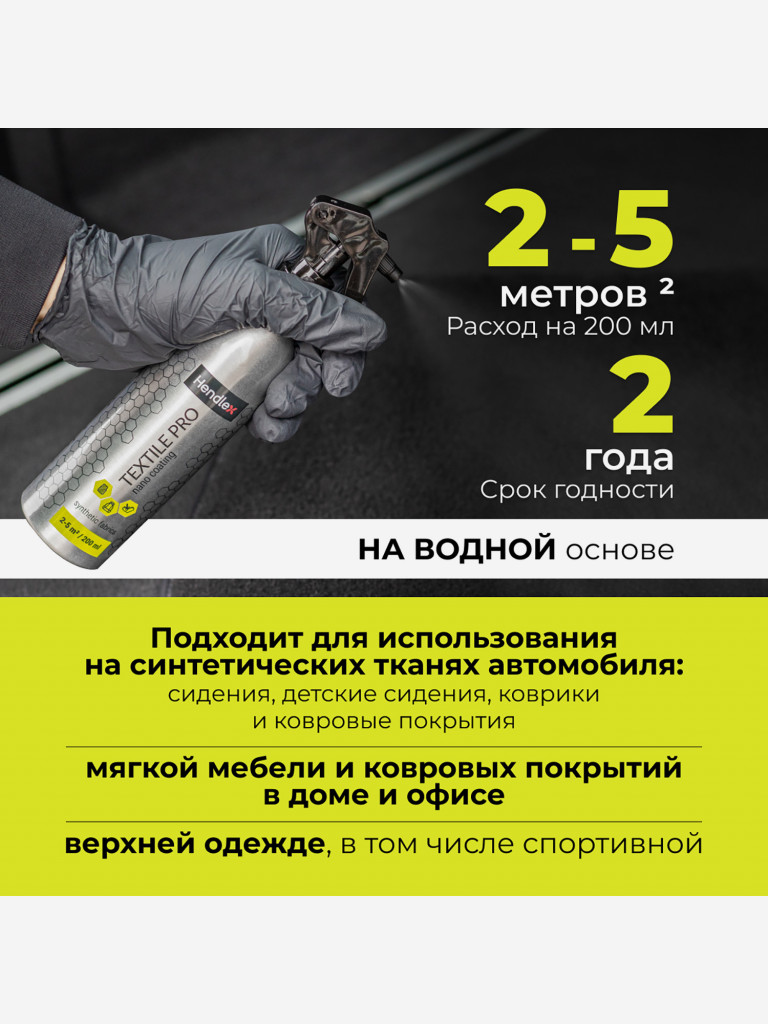 Водоотталкивающая пропитка для синтетики и искусственных тканей HENDLEX с защитой от масла и пятен для одежды, обуви, рюкзаков, палаток, без запаха на 12 месяцев защиты, 200мл