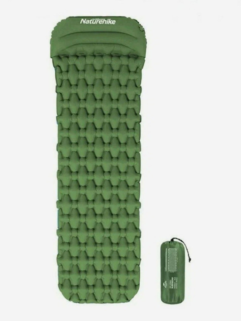 Коврик надувной Naturehike с подушкой, 185x55x3,5 см, зелёный
