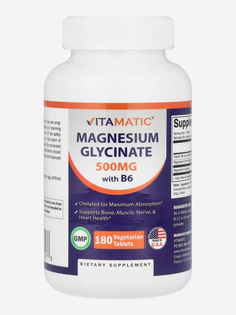 Глицинат магния с витамином B6, Vitamatic, 500 мг, 180 капсул