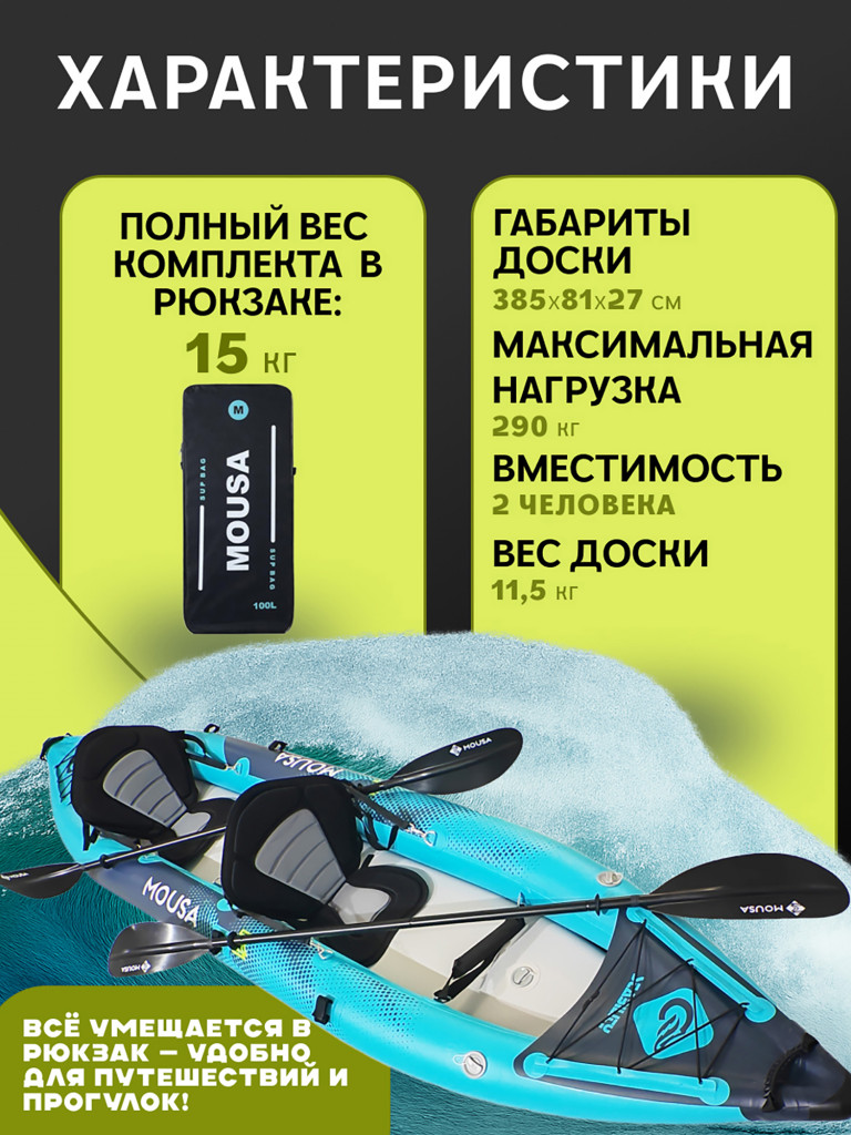 Надувной каяк Mousa Compact 385х81х27 см, 2-местный, Drop-Stitch дно, до 290 кг