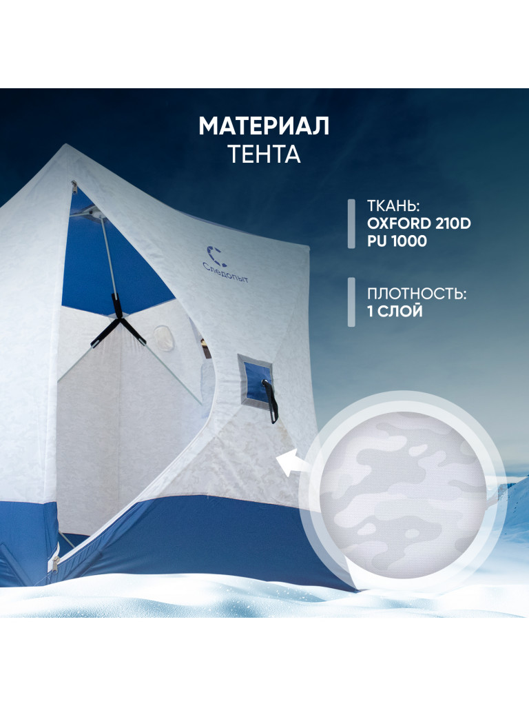 Палатка зимняя куб Следопыт 1,8 х1,8 м,Oxford 210D PU 1000, S по полу 3,2 кв.м ,цвет синий, белый.