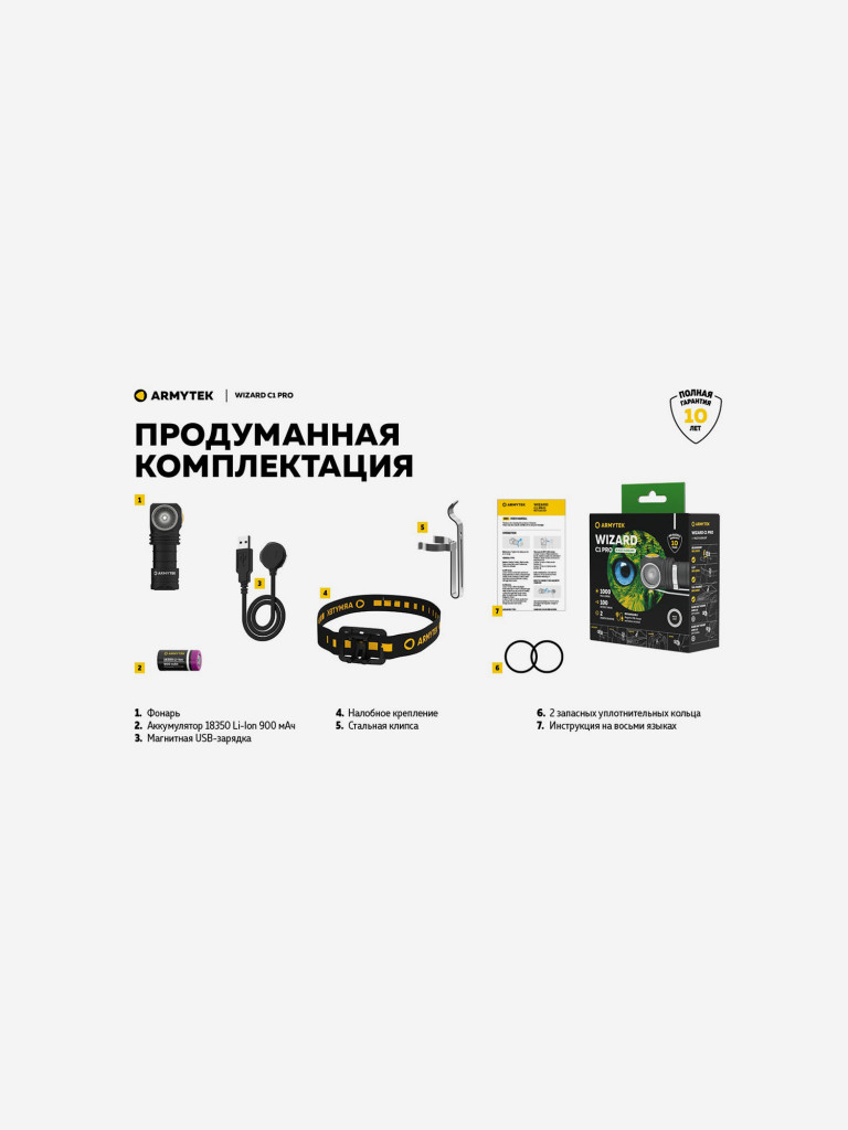Фонарь налобный Armytek Wizard C1 Pro Magnet Usb, холодный свет