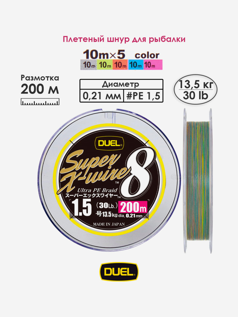 Плетеный шнур 200 м, 13.5 кг, 5Color-Yellow Marking #1.5 (0.21 мм) Duel PE SUPER X-WIRE 8
