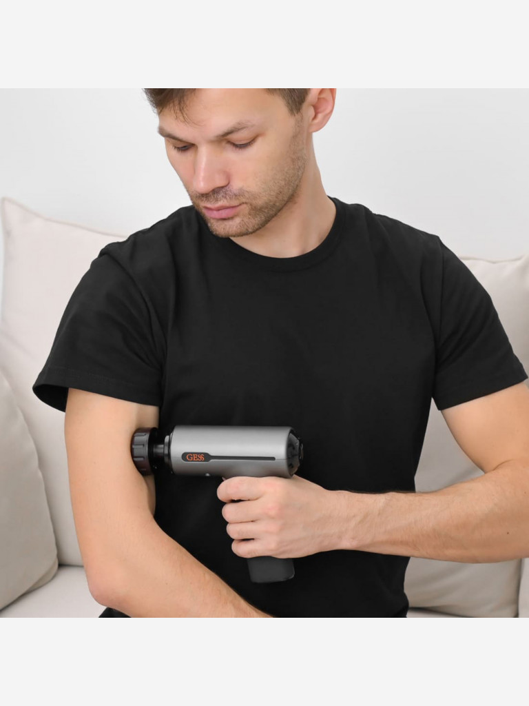 Перкуссионный массажер для тела GESS Revolver Plus, массажный пистолет, ударный, 5 насадок, уникальная насадка с прогревом