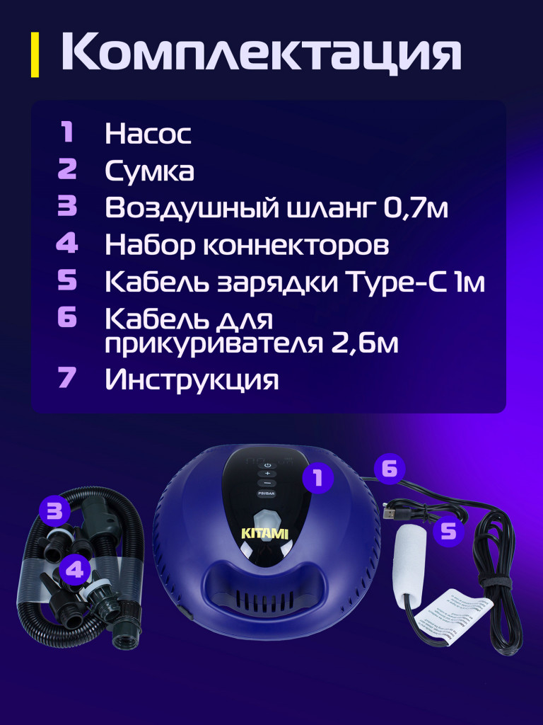Электрический насос KITAMI KT-797 Plus со встроенным аккумулятором для лодок ПВХ, сапбордов