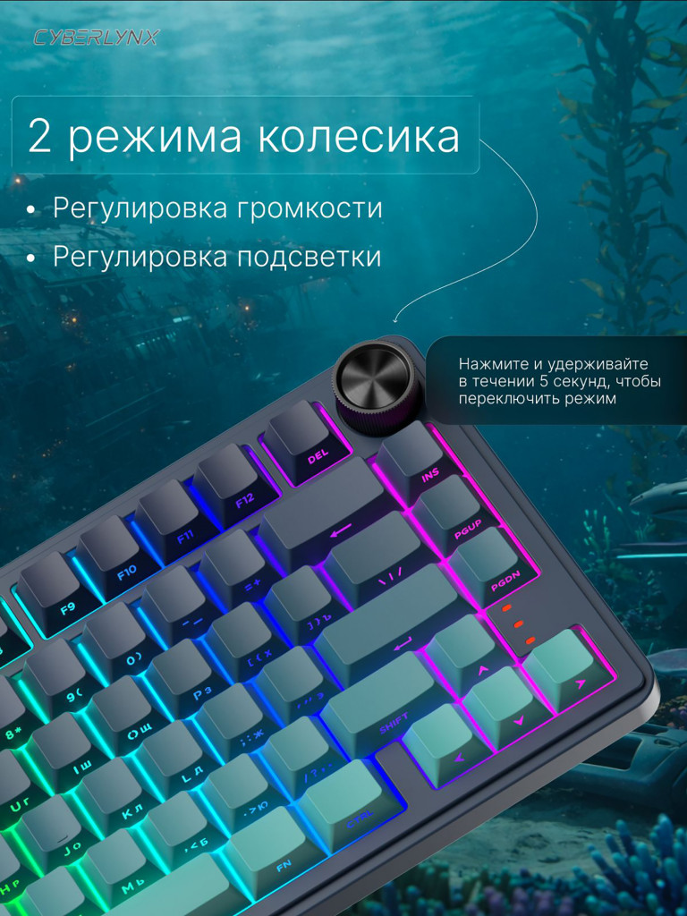 Игровая беспроводная клавиатура CYBERLYNX RX75 Pro Тиффани Блю Mute Switch